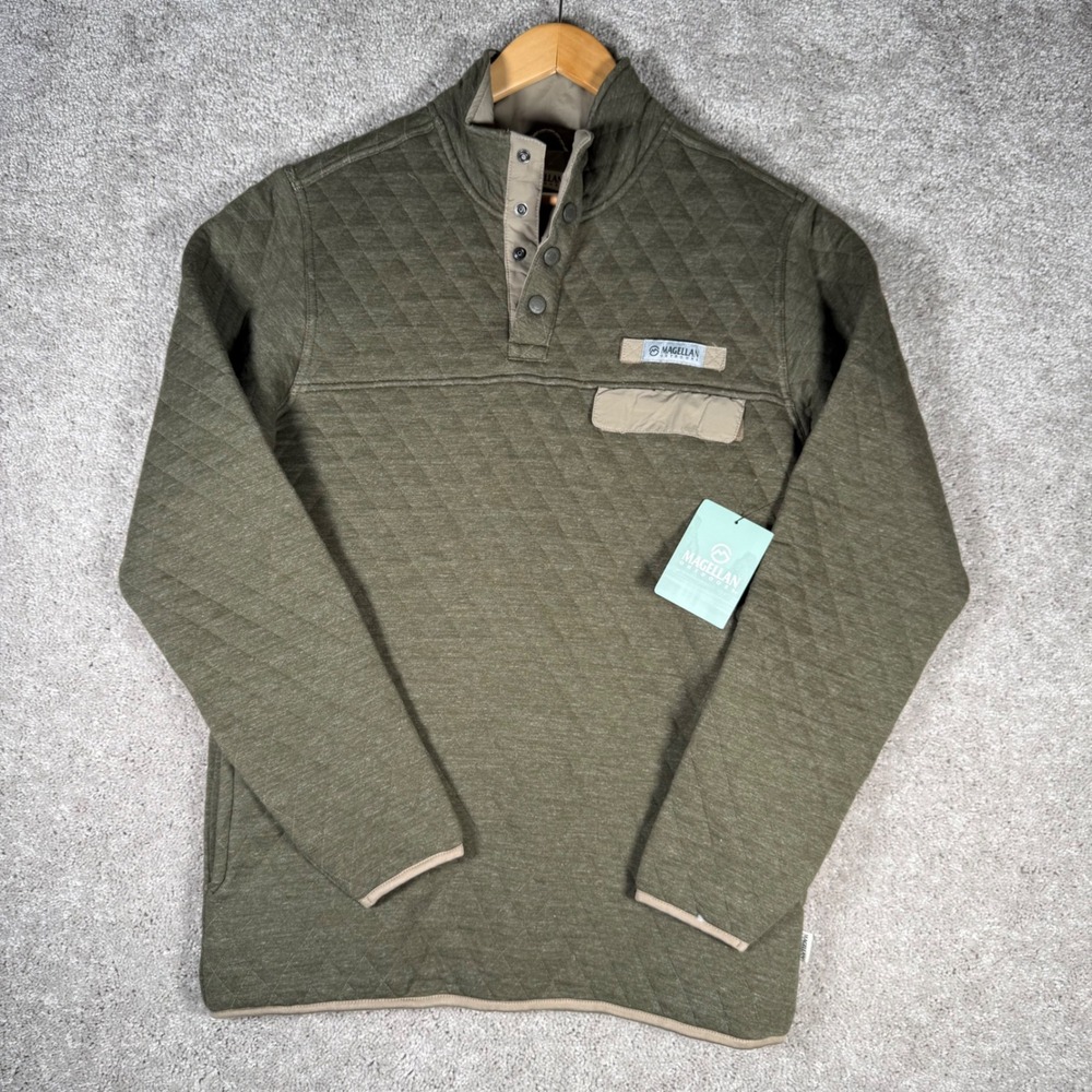 NWT Magellan Outdoors Men's Small Quilted Snap Neck Pullover Green Classic Fit